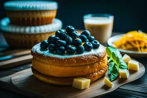 une myrtille gâteau avec fromage et myrtilles sur une en bois planche. généré par ai photo