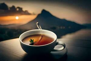 une tasse de thé avec une vue de le montagnes. généré par ai photo