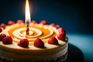 une anniversaire gâteau avec une Célibataire bougie. généré par ai photo