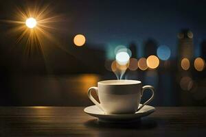 une tasse de café sur une table avec une paysage urbain dans le Contexte. généré par ai photo