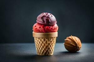 la glace crème dans une gaufre cône avec une noix. généré par ai photo