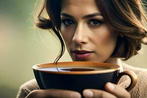 une femme en portant une tasse de café. généré par ai photo