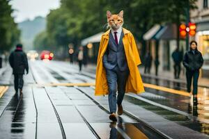 une chat portant une Jaune imperméable et costume en marchant vers le bas une rue. généré par ai photo