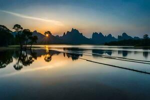 le Soleil monte plus de une Lac et montagnes dans Chine. généré par ai photo