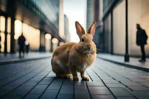 une lapin est séance sur le sol dans une ville. généré par ai photo
