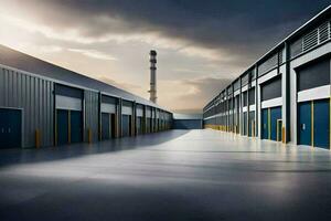 une grand entrepôt avec bleu des portes et Jaune des portes. généré par ai photo