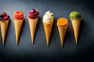 cinq la glace crème cônes avec différent les saveurs. généré par ai photo