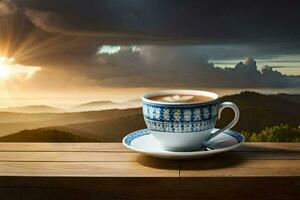 café tasse sur le table avec montagnes dans le Contexte. généré par ai photo