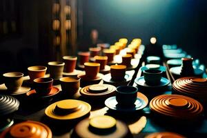 une table plein de coloré tasses et boules. généré par ai photo