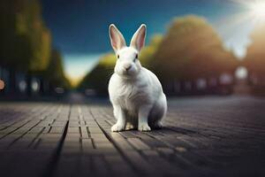 une blanc lapin est séance sur une brique route. généré par ai photo