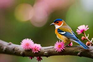 une oiseau est assis sur une branche avec rose fleurs. généré par ai photo