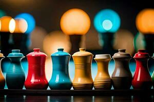coloré échecs pièces sur une table avec lumières dans le Contexte. généré par ai photo