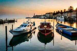bateaux amarré à le port à le coucher du soleil. généré par ai photo