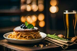 une assiette de Pâtes et une verre de bière. généré par ai photo