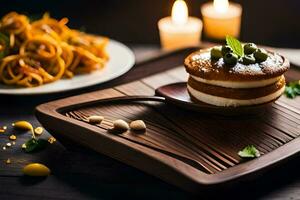 une assiette avec une dessert et une bougie sur il. généré par ai photo