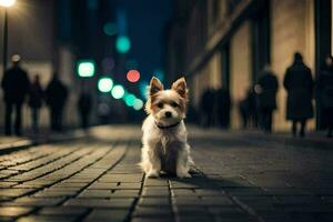 une petit chien séance sur le rue à nuit. généré par ai photo