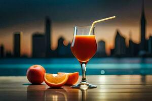 une verre de Orange jus avec une paille et une tranche de pêche. généré par ai photo