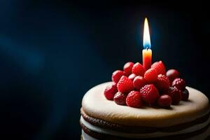 une anniversaire gâteau avec une Célibataire bougie. généré par ai photo