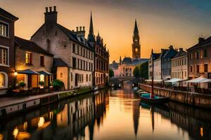 le le coucher du soleil plus de le canal dans bruges, Belgique. généré par ai photo