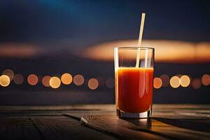 une verre de Orange jus sur une en bois tableau. généré par ai photo