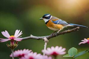 une oiseau est assis sur une branche avec rose fleurs. généré par ai photo