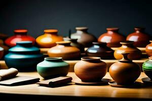 une collection de coloré des vases sur une tableau. généré par ai photo