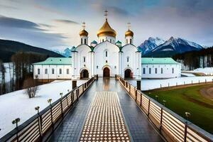 le russe orthodoxe cathédrale dans le montagnes. généré par ai photo