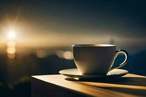 une tasse de café sur une table dans de face de le Soleil. généré par ai photo