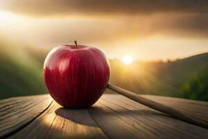 un Pomme sur une en bois table avec le Soleil réglage derrière il. généré par ai photo