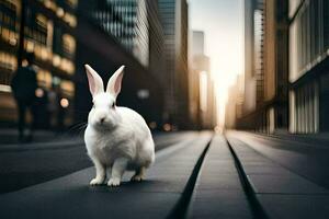 une blanc lapin est permanent sur le rue dans une ville. généré par ai photo