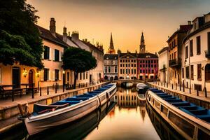 bateaux sont amarré dans une canal à le coucher du soleil. généré par ai photo