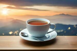 une tasse de thé sur une en bois table avec une vue de le montagnes. généré par ai photo