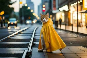 une chat dans une Jaune imperméable permanent sur le rue. généré par ai photo