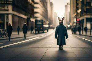 une lapin portant une manteau et chapeau est en marchant vers le bas le rue. généré par ai photo