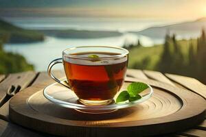 une tasse de thé sur une en bois tableau. généré par ai photo