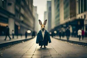 une lapin portant une costume et attacher permanent dans le milieu de une ville rue. généré par ai photo