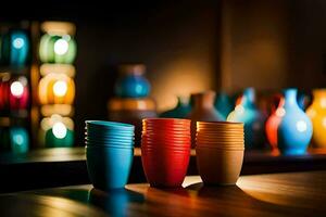 coloré tasses sur une table dans une bar. généré par ai photo