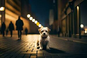 une petit chien est séance sur le trottoir à nuit. généré par ai photo