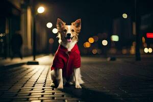 une chien portant une rouge veste séance sur le rue à nuit. généré par ai photo