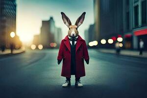 une lapin habillé dans une rouge manteau et attacher permanent sur une ville rue. généré par ai photo