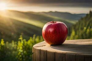 un Pomme est assis sur Haut de une en bois table dans de face de une Montagne. généré par ai photo