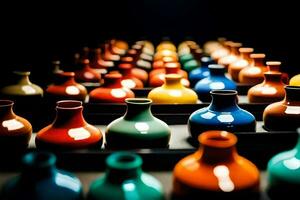 une rangée de coloré des vases sur une noir surface. généré par ai photo