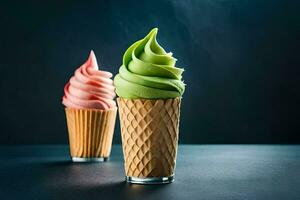 deux la glace crème cônes avec vert et rose garnitures. généré par ai photo