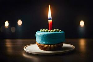 bleu anniversaire gâteau avec une allumé bougie. généré par ai photo
