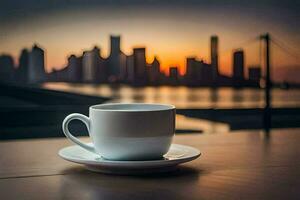 café tasse sur le table avec ville dans le Contexte. généré par ai photo