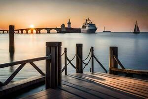 une jetée avec une bateau et une pont à le coucher du soleil. généré par ai photo