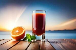 une verre de jus avec un Orange tranche sur le tableau. généré par ai photo