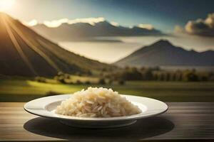 riz dans une blanc assiette sur une en bois tableau. généré par ai photo