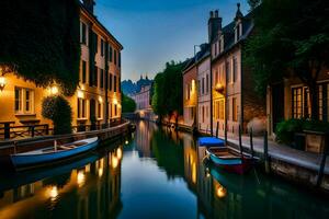 une canal dans le milieu de une ville à nuit. généré par ai photo