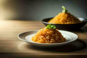 deux assiettes avec riz et une bol de des légumes. généré par ai photo